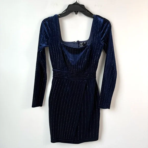 Windsor Katrina Long Sleeve Rhinestone Velvet Dress Midnight Blue XS - Picture 4 of 10